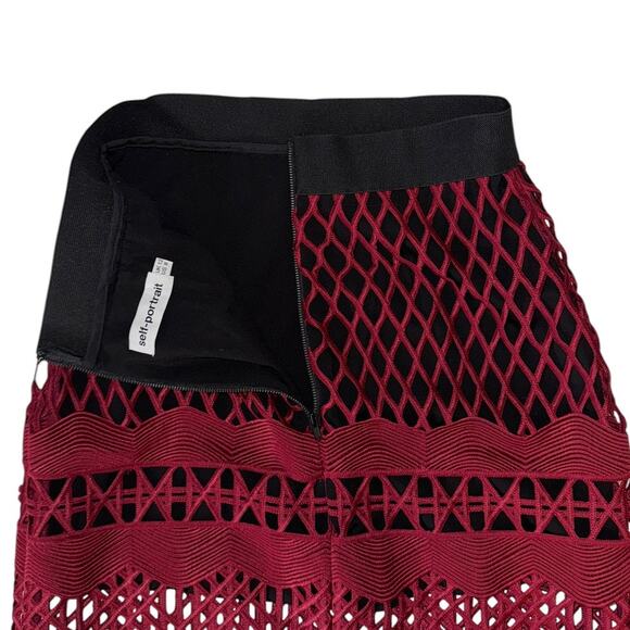 Self-Portrait Cutwork Burgundy Mesh Crop Top & Midi Skirt Set Size 8 - Picture 10 of 16